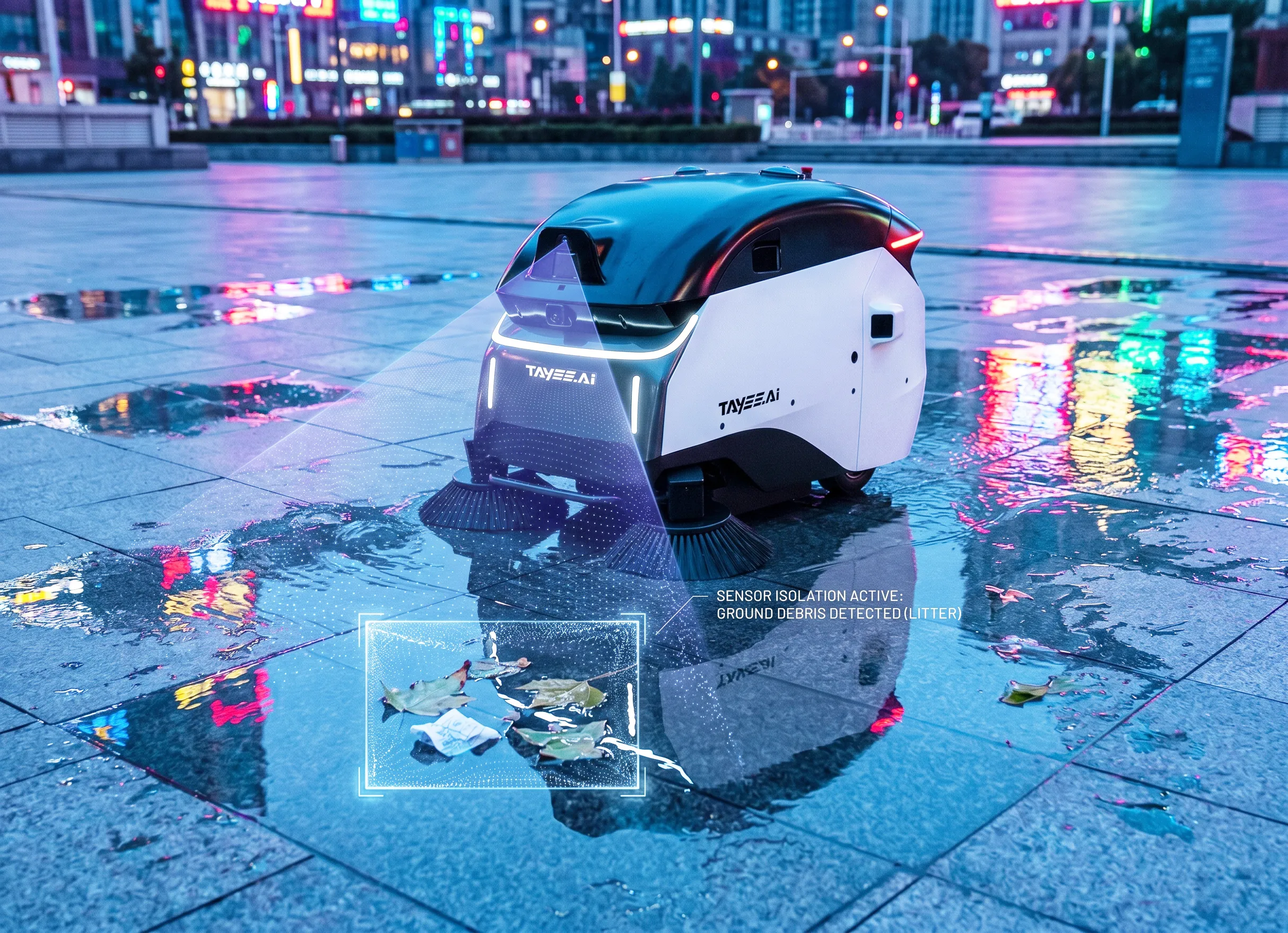 夜间雨后霓虹倒映的广场上，机器人精准感知识别地面垃圾
